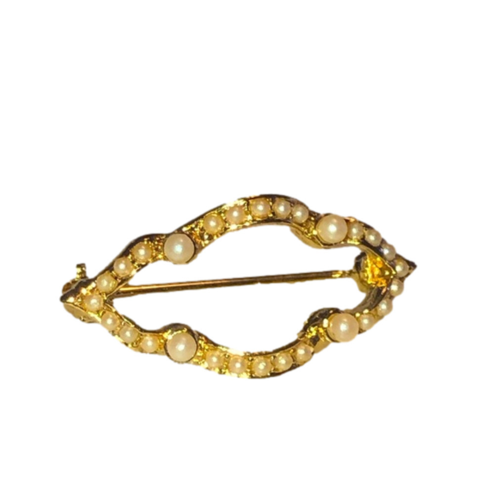 𝅺vtg Seed Pearl Gold Tone Costume Brooch Approx 1.3”